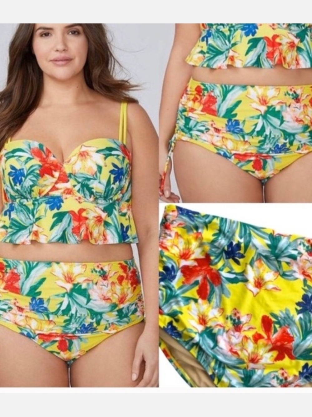 Plus-Size Yellow Tropical Floral Ruffle Tankini Set Lane Bryant Cacique 40DDD